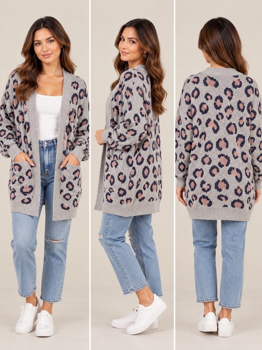 Leopard-Print Open Cardigan with Pink Spots